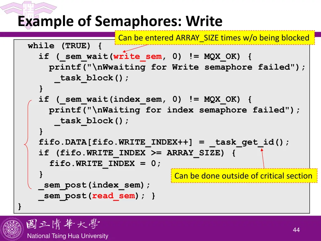 example of semaphores write can be entered array