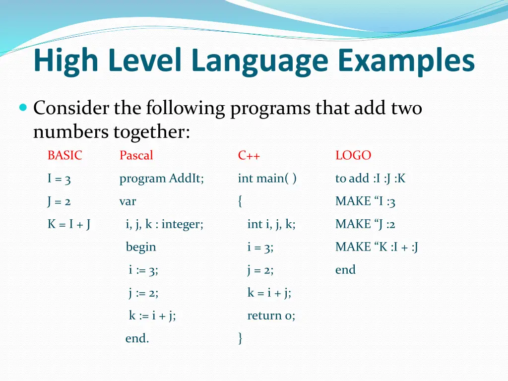 high level language examples
