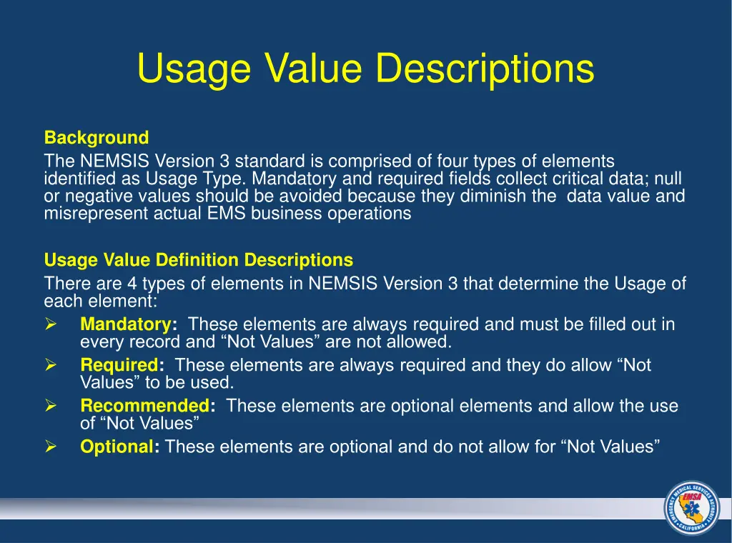 usage value descriptions