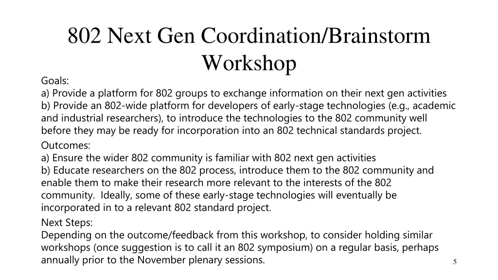 802 next gen coordination brainstorm workshop