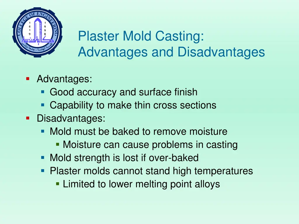plaster mold casting advantages and disadvantages