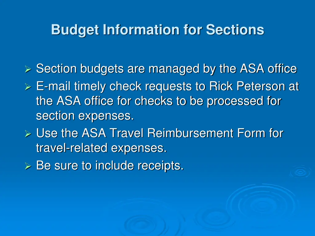 budget information for sections