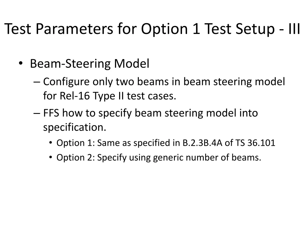 test parameters for option 1 test setup iii