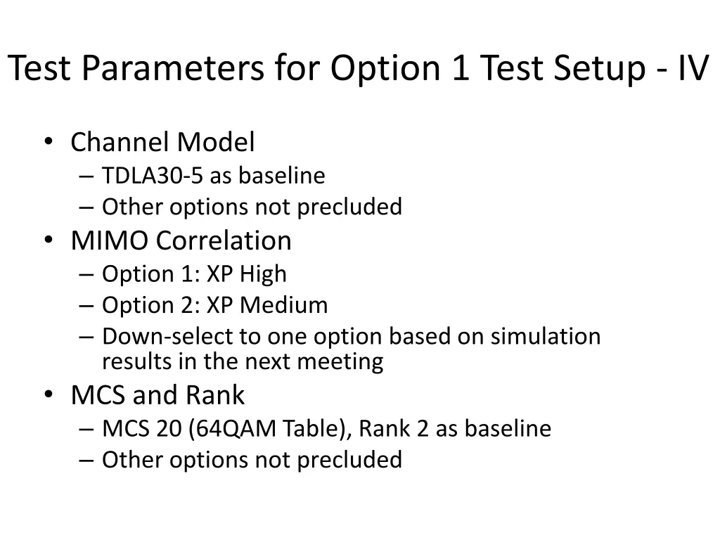 test parameters for option 1 test setup iv