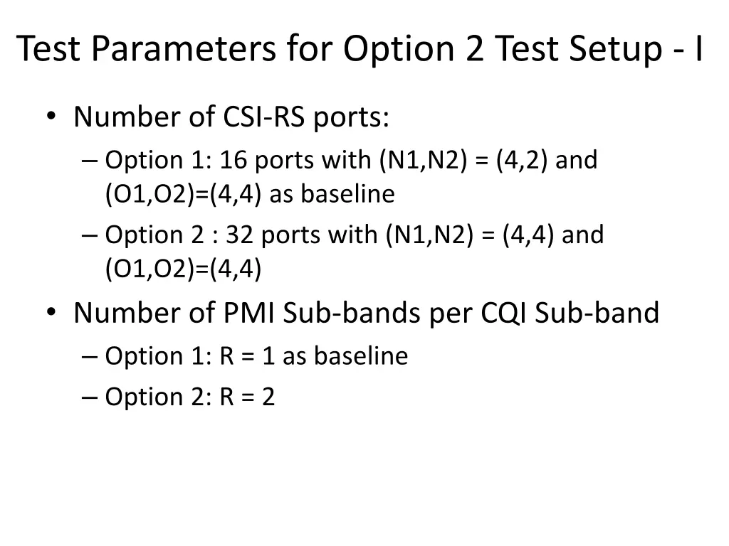 test parameters for option 2 test setup i