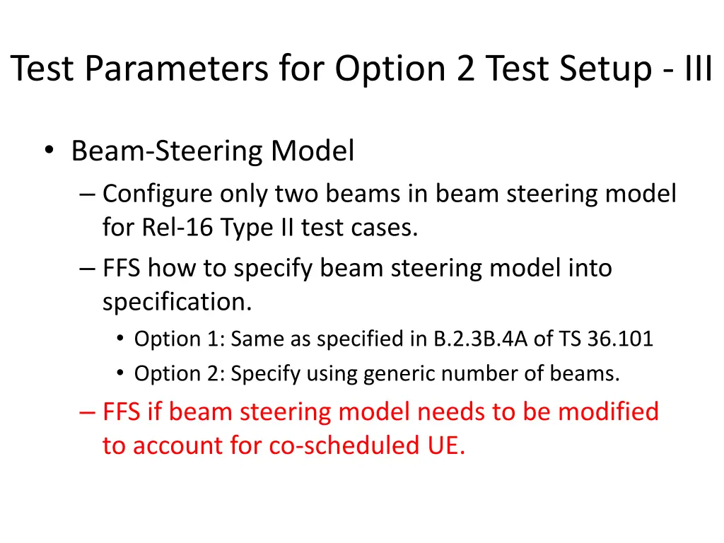 test parameters for option 2 test setup iii
