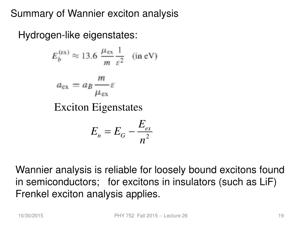 summary of wannier exciton analysis