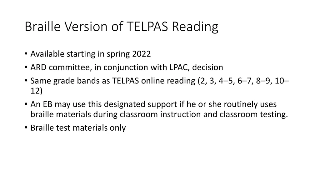 braille version of telpas reading