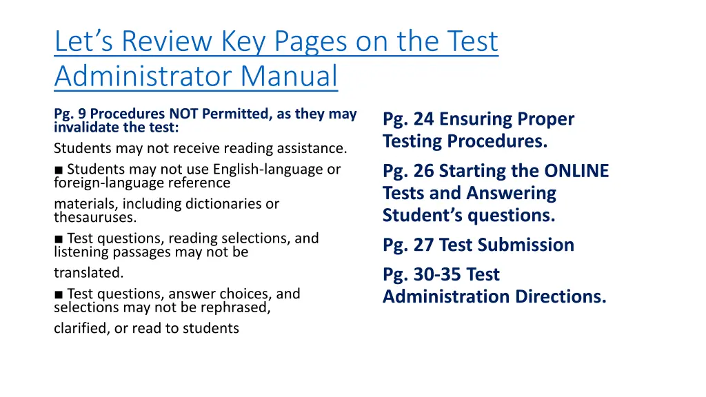 let s review key pages on the test administrator 1