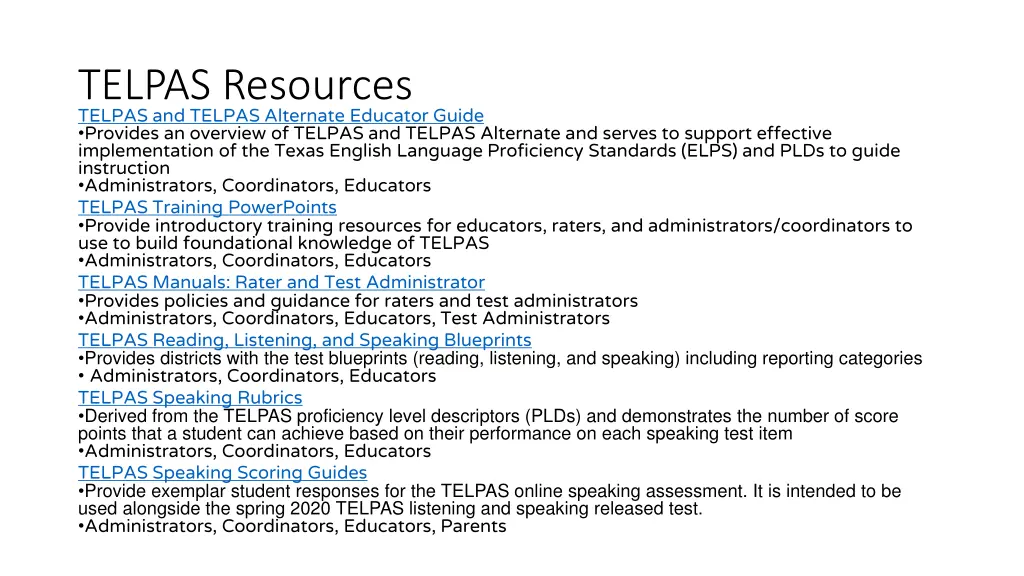 telpas resources telpas and telpas alternate