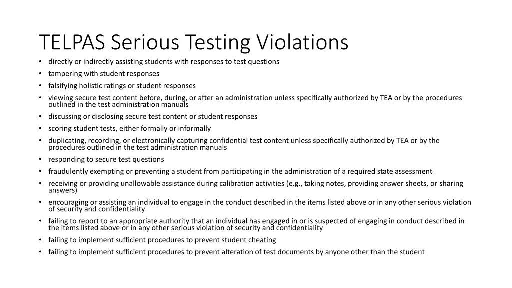 telpas serious testing violations directly