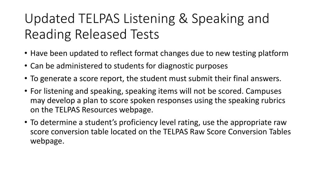 updated telpas listening speaking and reading