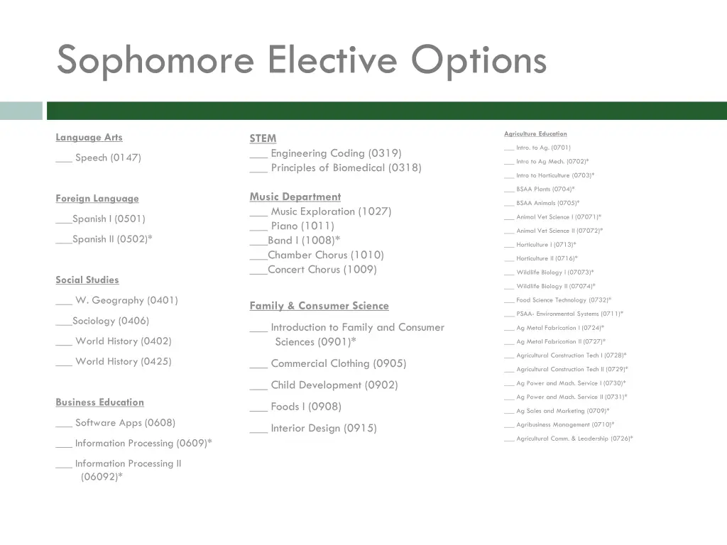 sophomore elective options