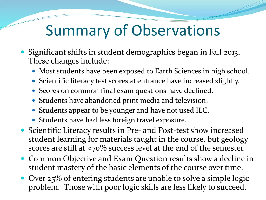 summary of observations
