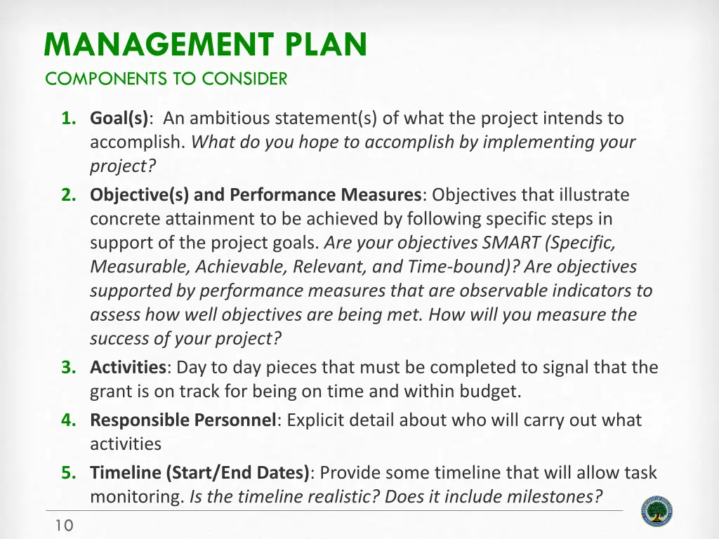 management plan components to consider