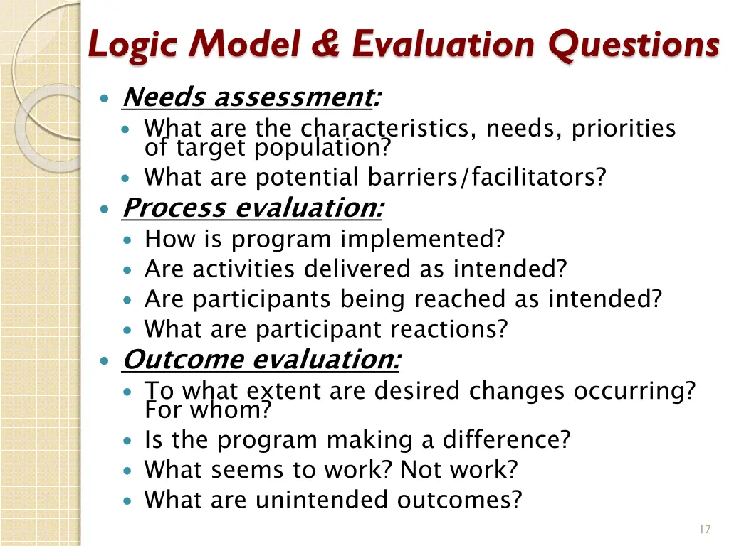logic model evaluation questions