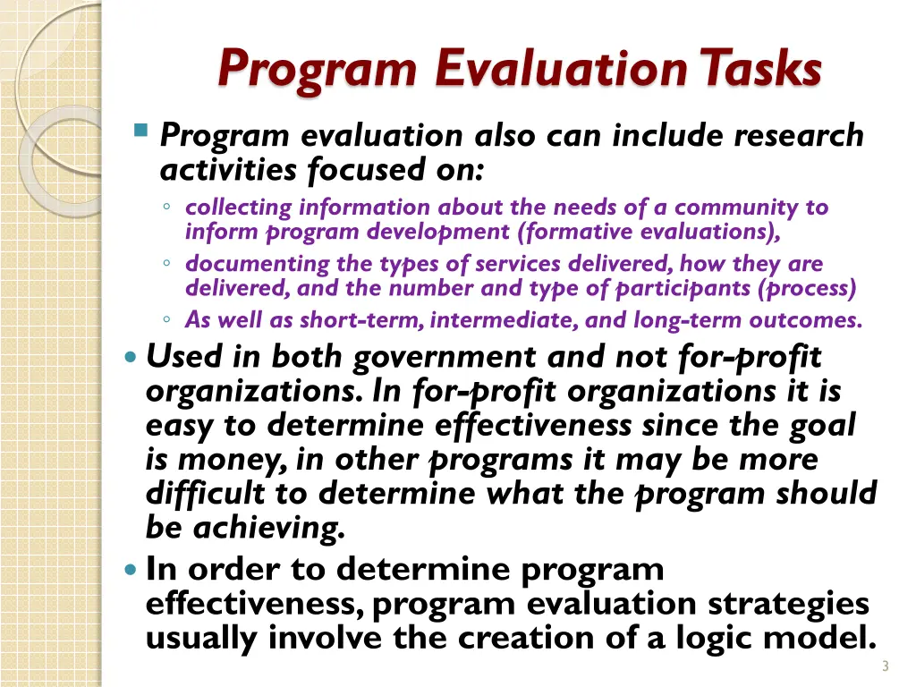program evaluation tasks program evaluation also