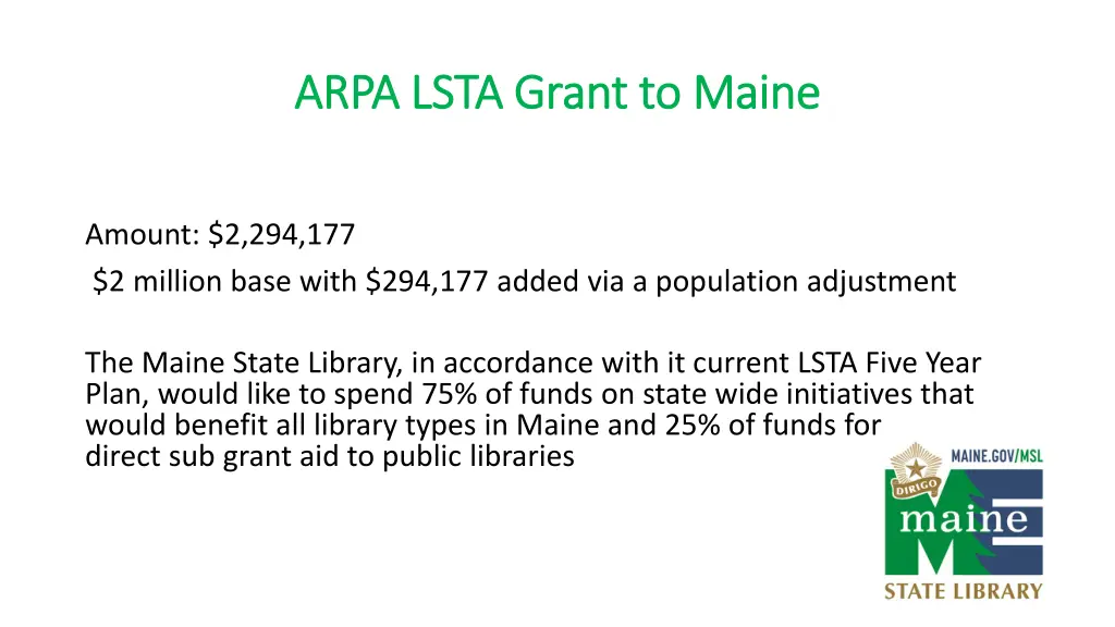 arpa lsta grant to maine arpa lsta grant to maine