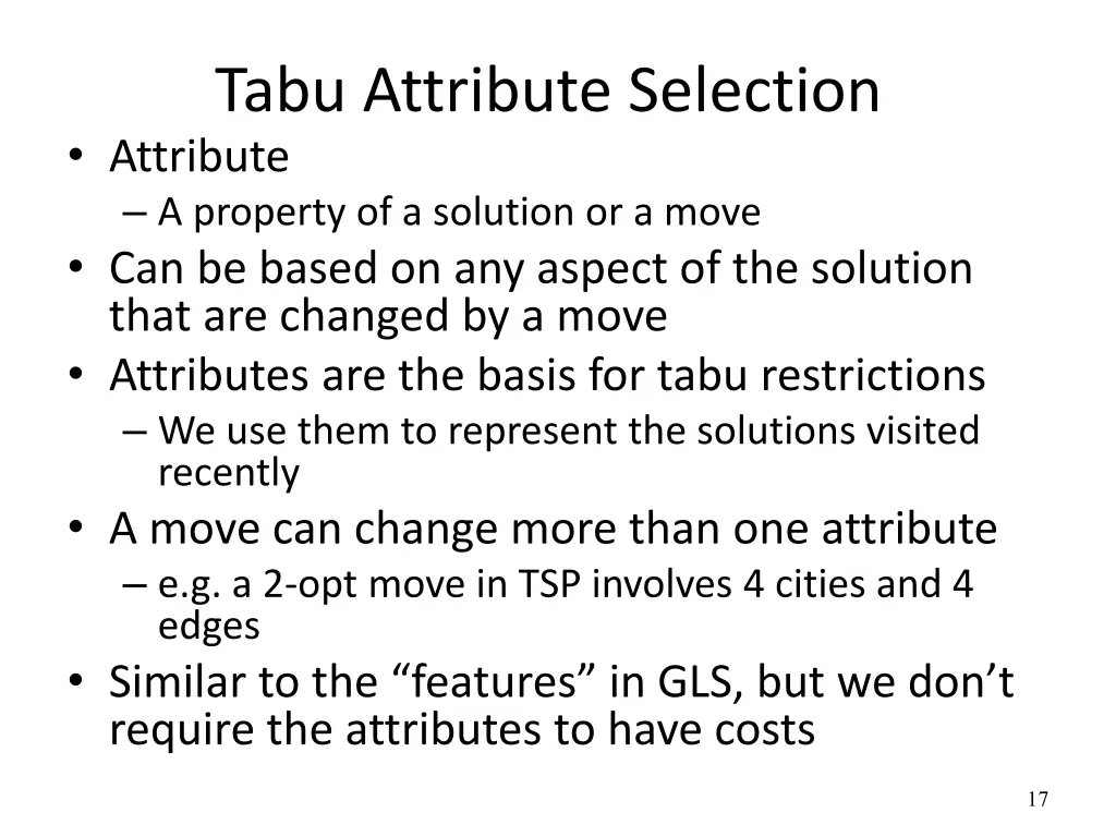tabu attribute selection attribute a property