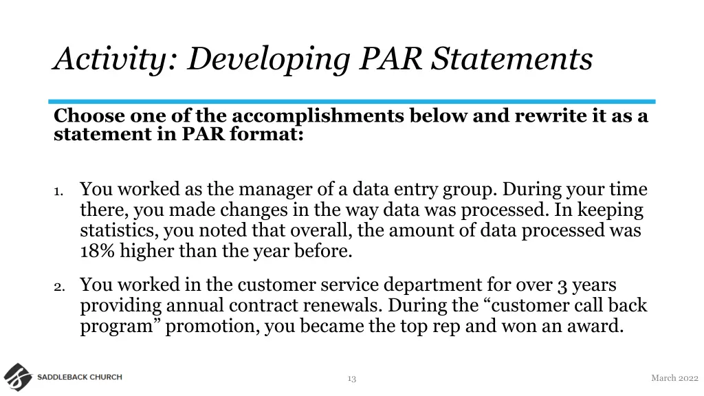 activity developing par statements