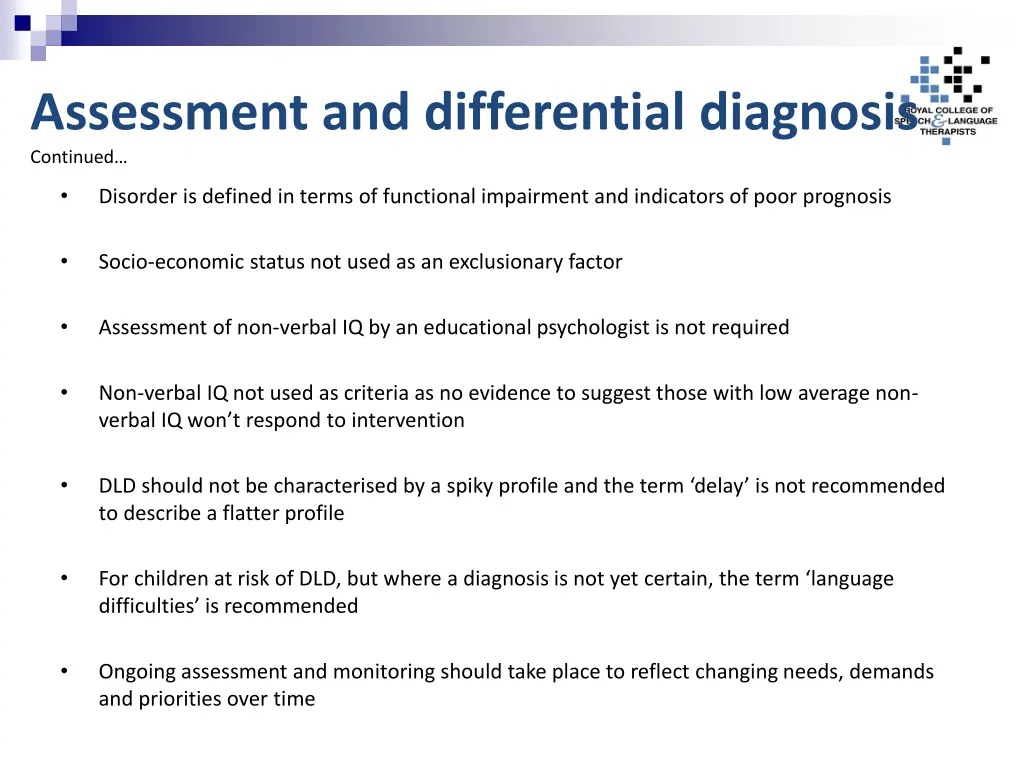 assessment and differential diagnosis continued