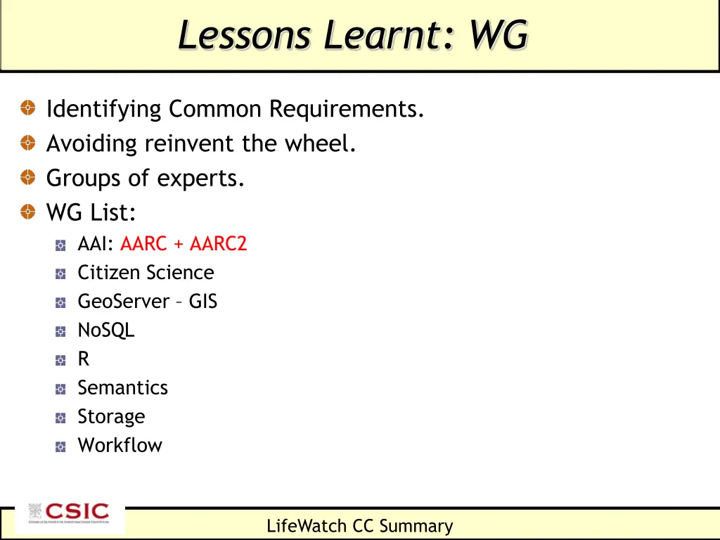 lessons learnt wg