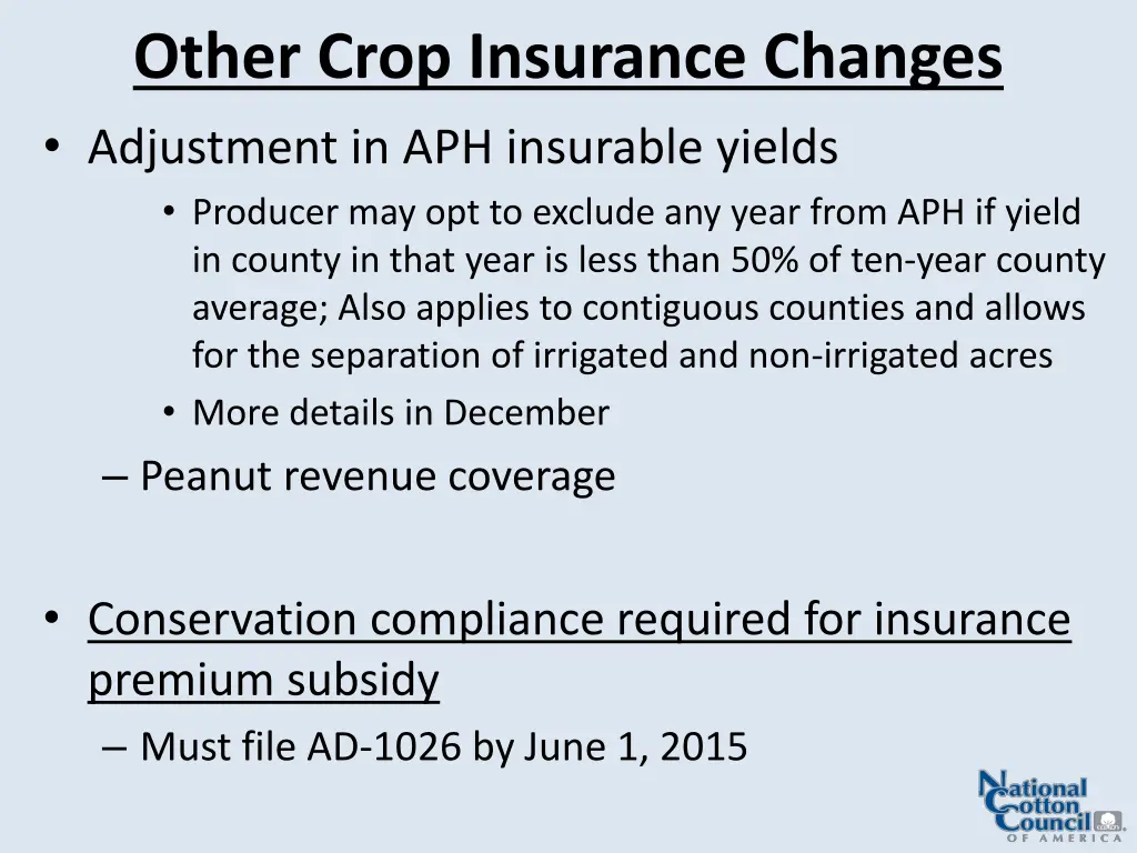 other crop insurance changes adjustment