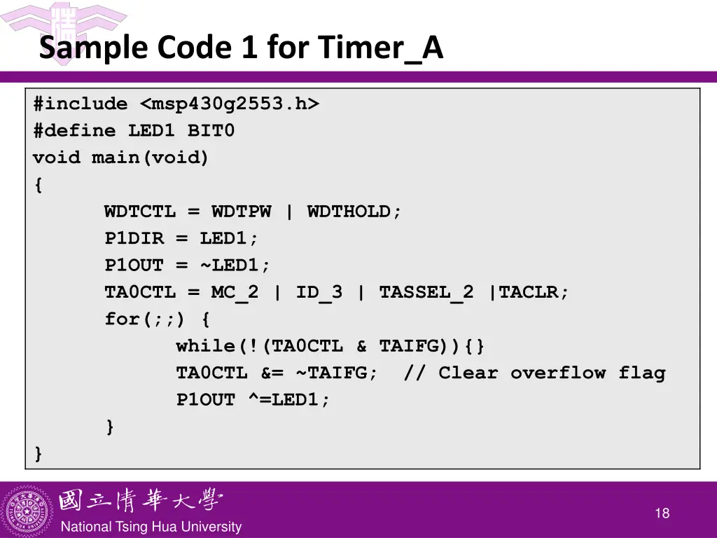 sample code 1 for timer a 1