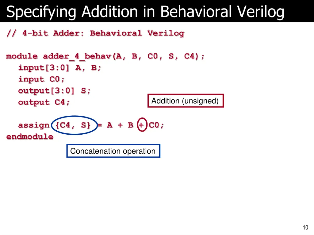 specifying addition in behavioral verilog