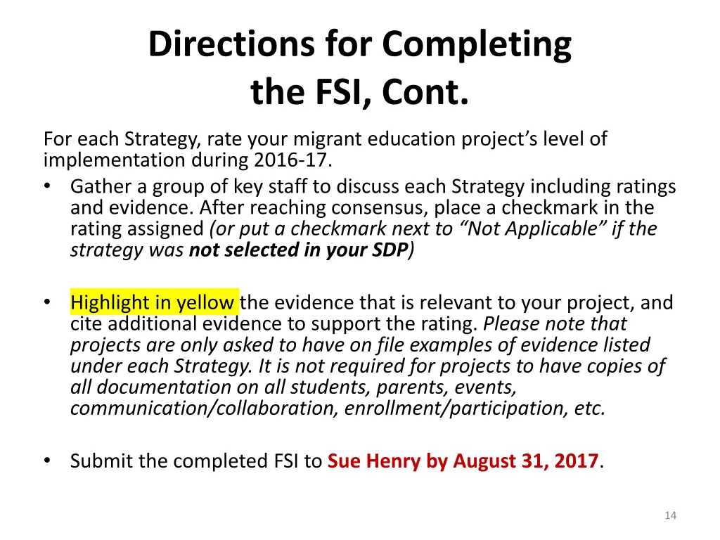 directions for completing the fsi cont