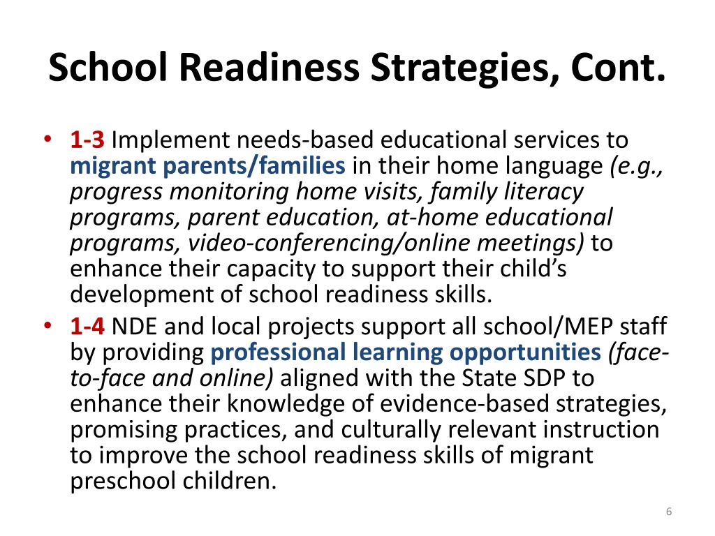 school readiness strategies cont