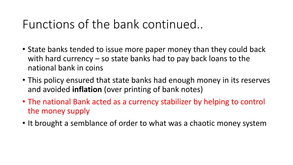 functions of the bank continued