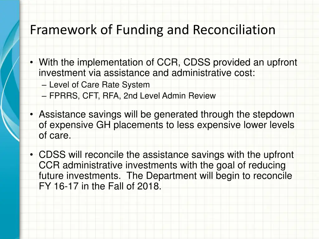 framework of funding and reconciliation