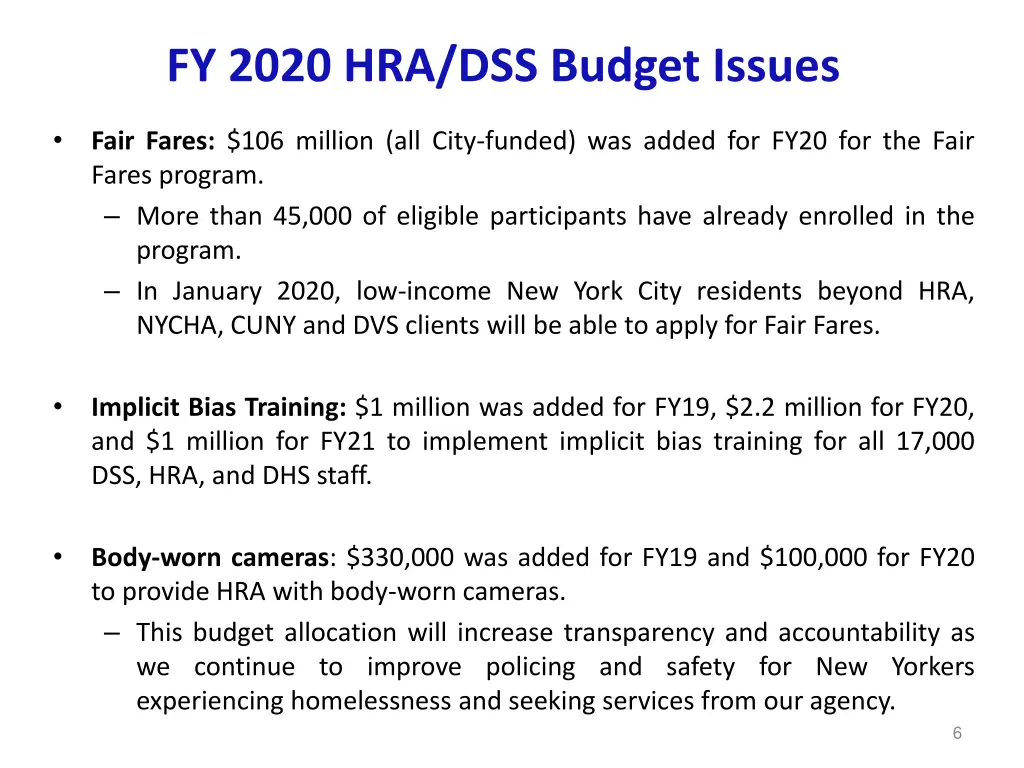 fy 2020 hra dss budget issues