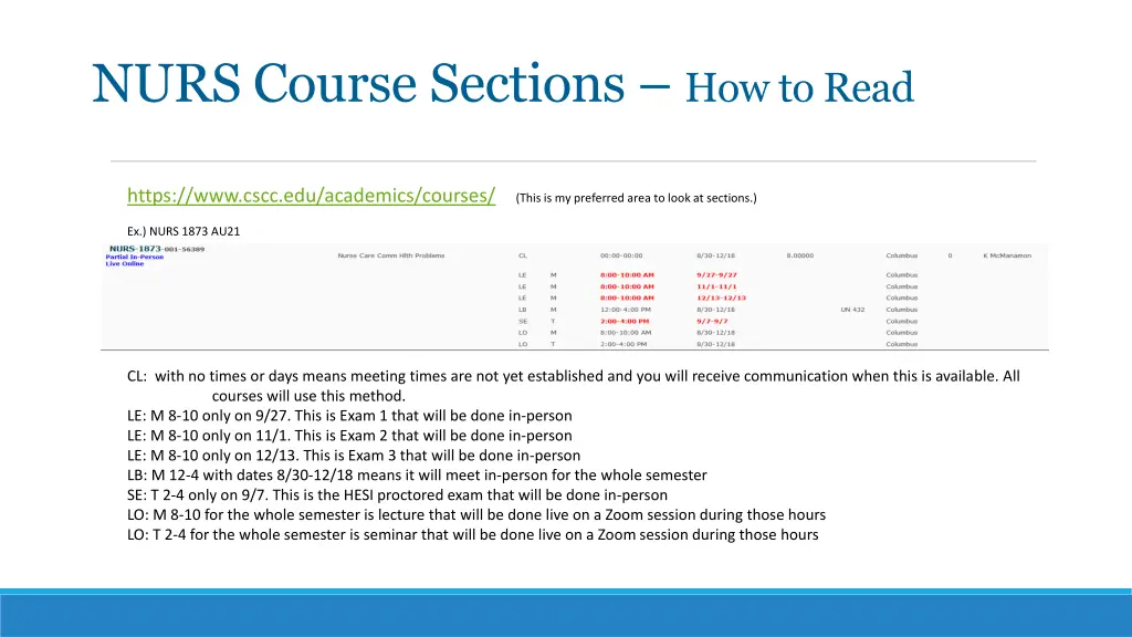 nurs course sections how to read
