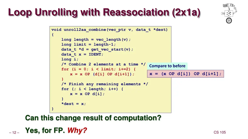 loop unrolling with reassociation 2x1a
