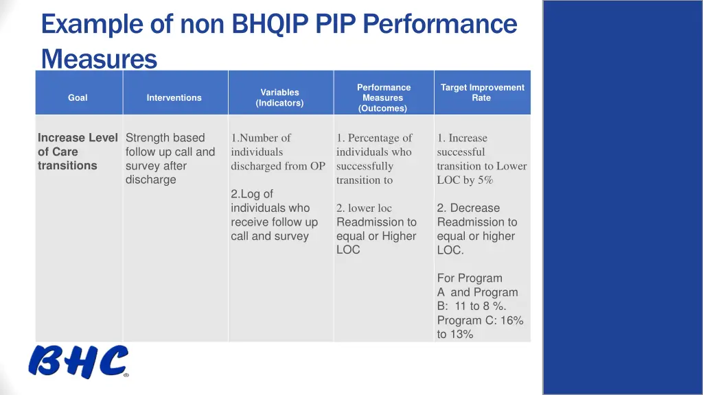 example of non bhqip pip performance measures