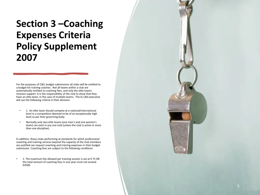 section 3 coaching expenses criteria policy