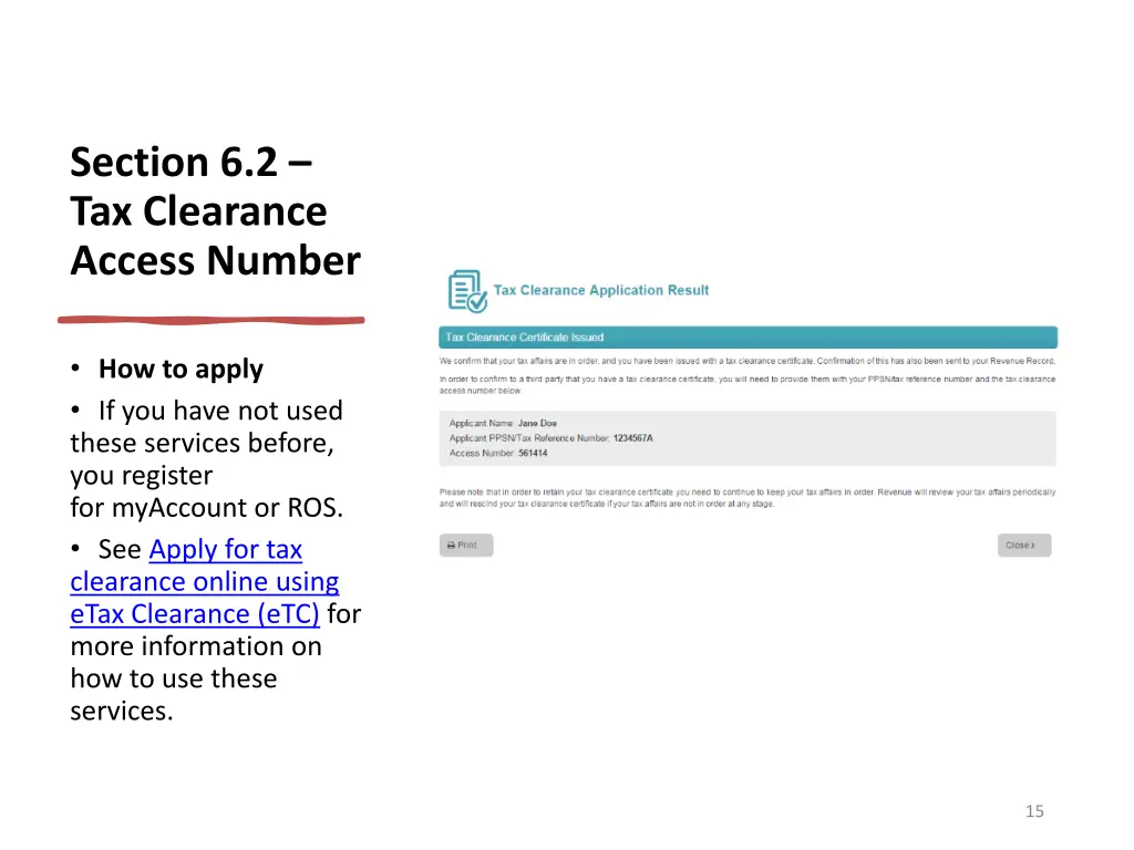 section 6 2 tax clearance access number 1
