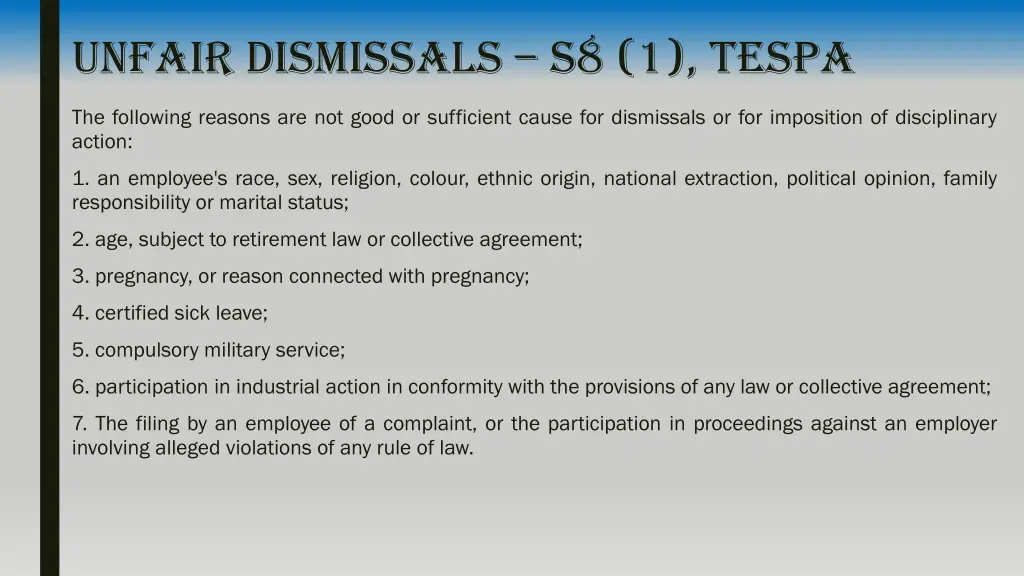 unfair dismissals s8 1 tespa