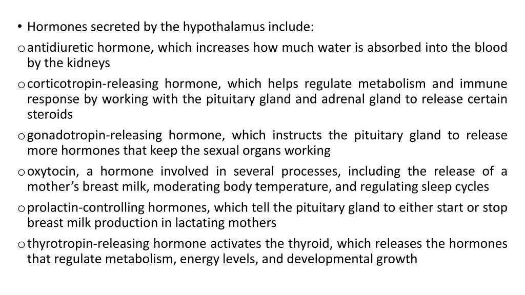 hormones secreted by the hypothalamus include