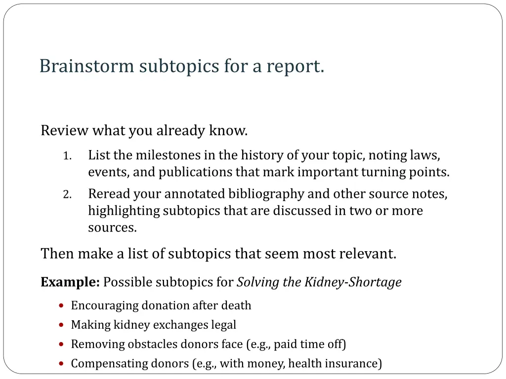 brainstorm subtopics for a report