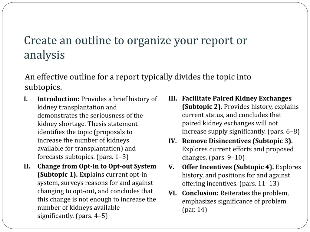 create an outline to organize your report