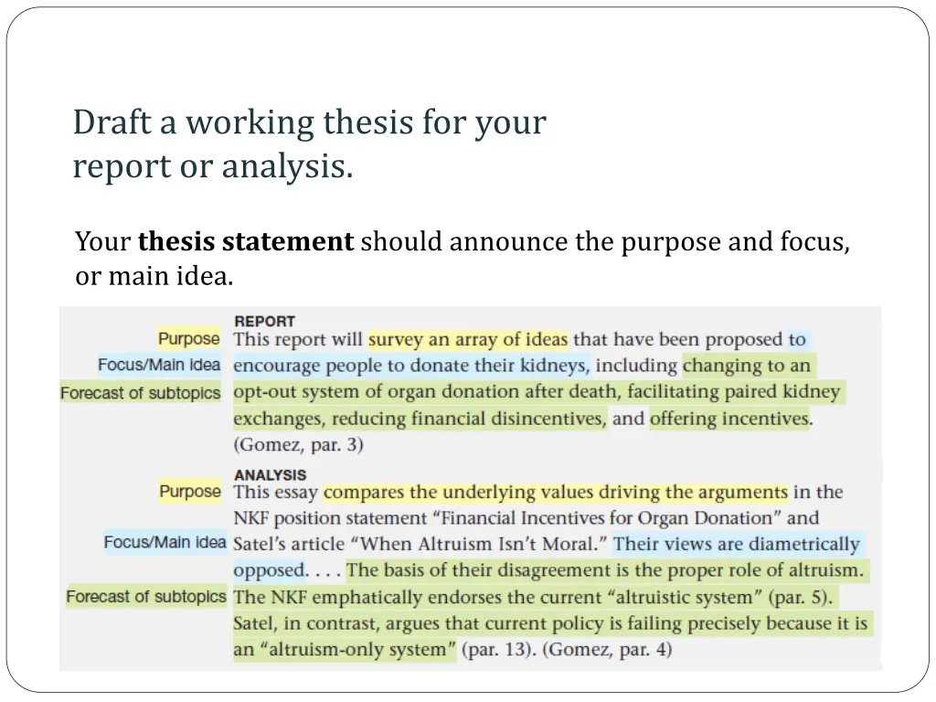 draft a working thesis for your report or analysis