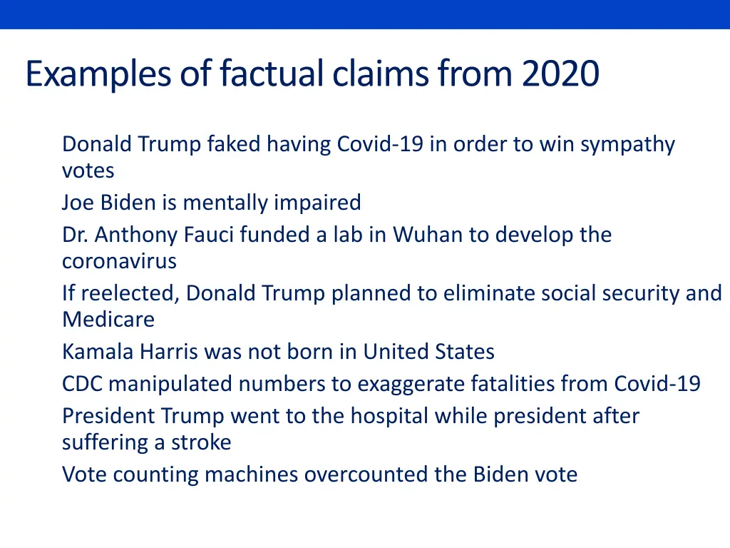 examples of factual claims from 2020