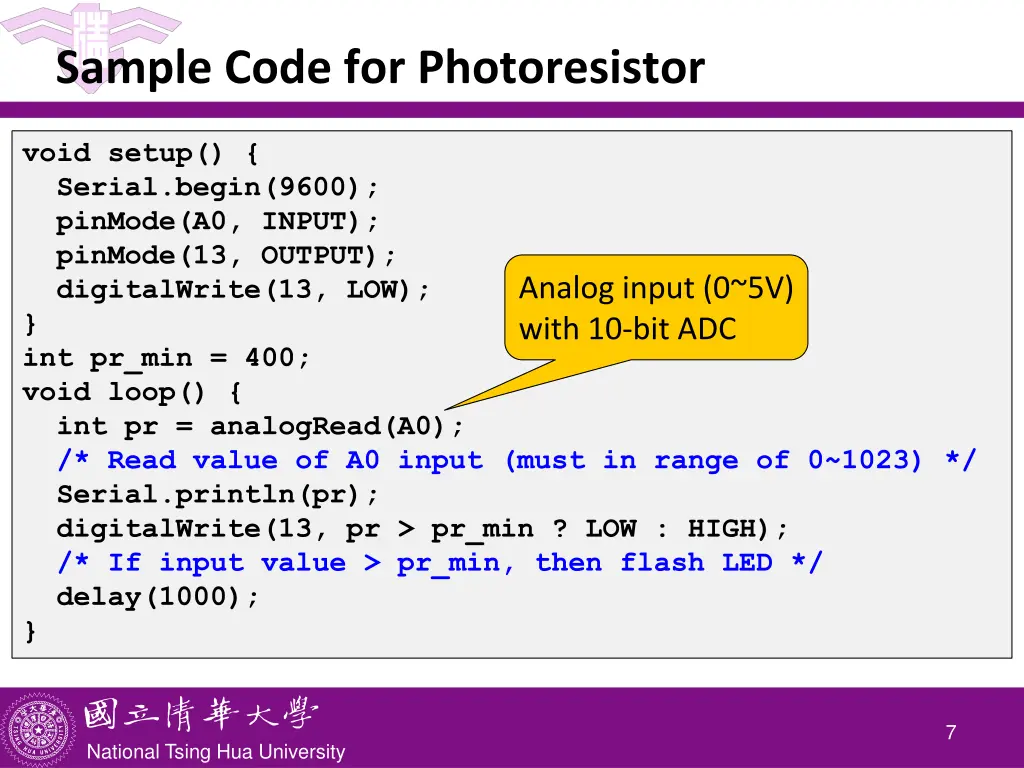 sample code for photoresistor