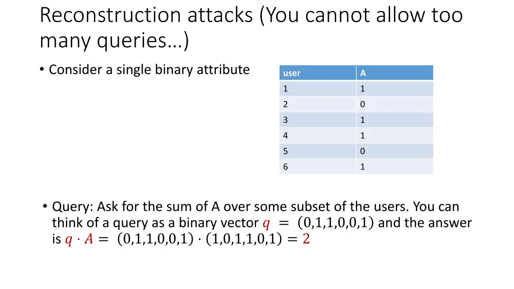 reconstruction attacks you cannot allow too many