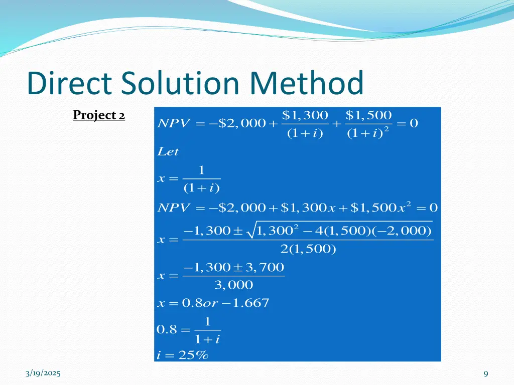 direct solution method project 2 npv