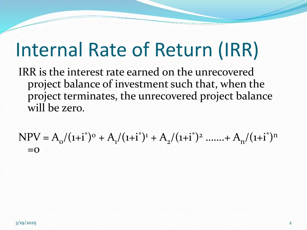 internal rate of return irr irr is the interest
