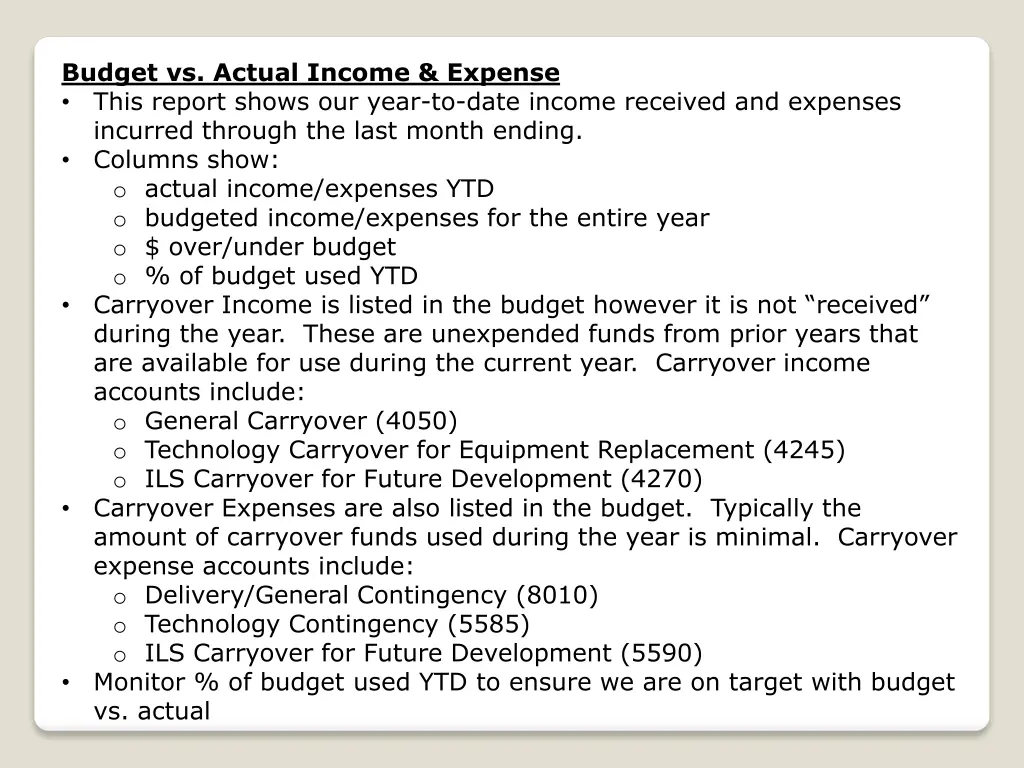 budget vs actual income expense this report shows